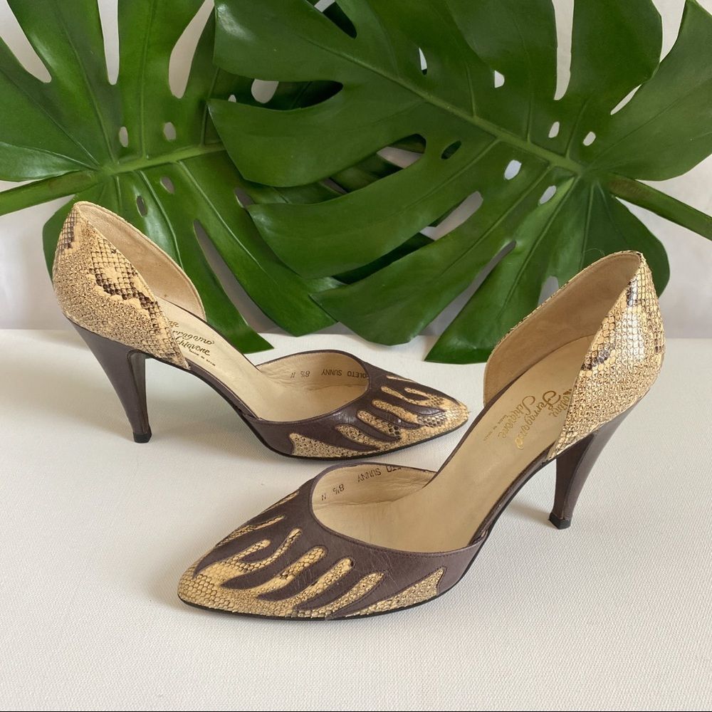 VTG Rosina Ferragamo Schiavone Leather/Snakeskin Heel Pump Flame Embossed 8.5N
